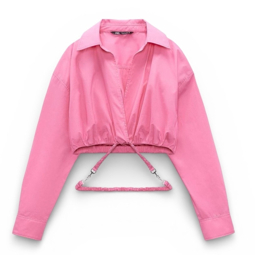 Zara Cropped Poplin Shirt Pink Drawstring Hem Balloon Sleeve Size S